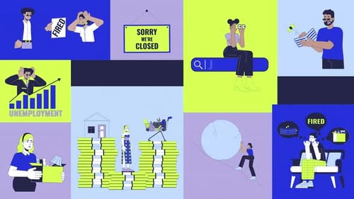 Economic struggles and job loss animated bento grid layout