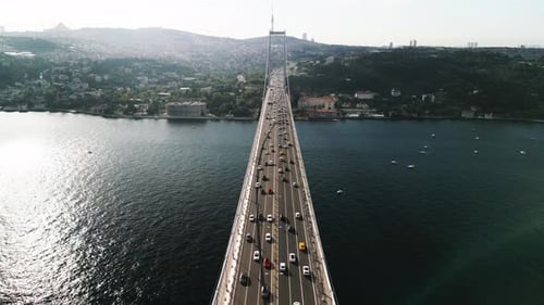 Drone takes video from above on the Bosphorus Bridge connecting two continents in the Bosphorus