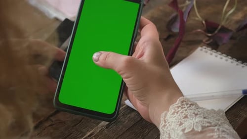 Online Payment Hands Scrolling Smartphone Green Screen Mobile Phone Mockup