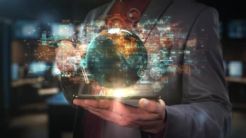 Businessman Holding Smartphone Radiating Global AI Network Data
