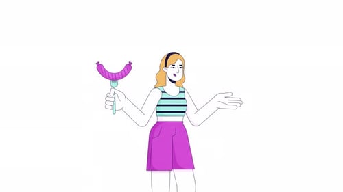 Caucasian woman with grilled sausage line cartoon animation