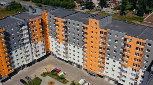 New urban houses aerial view. Huge modern exterior city apartments.