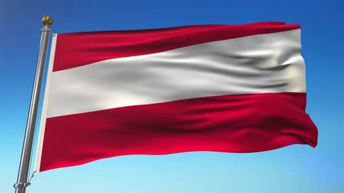Dynamic Austria Flag Waving Against a Bright Blue Sky