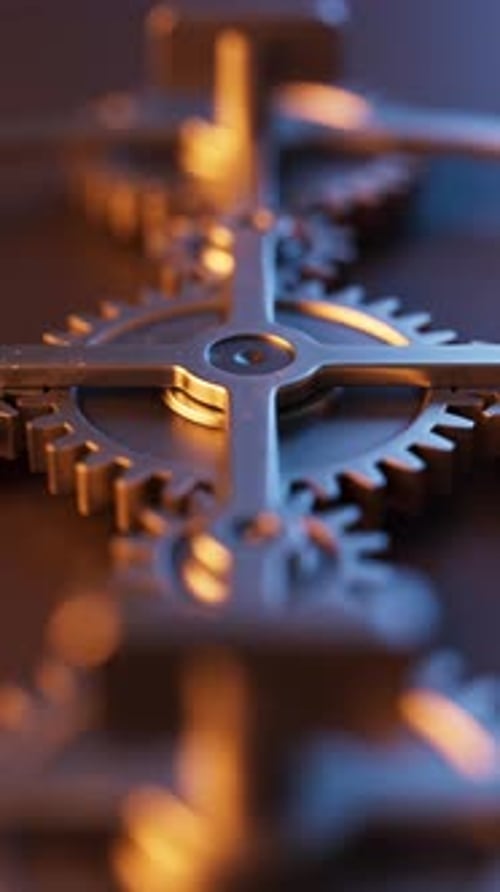 Loop-Animation einer mechanischen Struktur aus Metallzahnrädern.