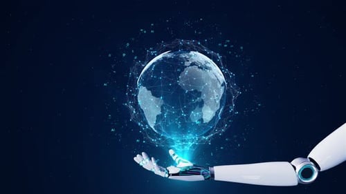 Futuristic Robot Arm Handing Global Network with AI Data