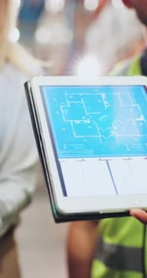 Hands, people and tablet screen with blueprint for warehouse design, floor plan and expansion