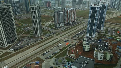 Construction site of a new city block. Construction of multi-storey buildings.