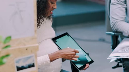 Engineering design, presentation and black woman in meeting with tablet for planning