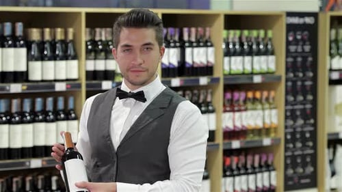 Wine Shop Employee Holding Bottle of Wine