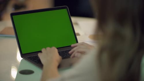 Business woman hands typing on laptop computer green screen at home workplace