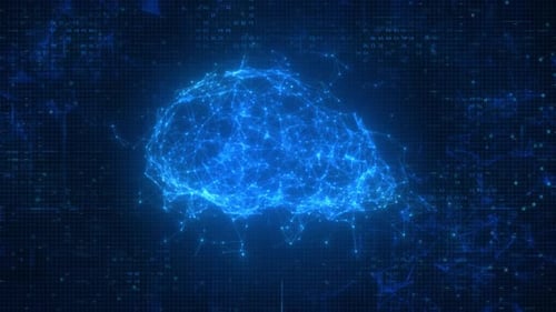 Rotating Futuristic Plexus Brain with Glowing Effects on Digital Data Background