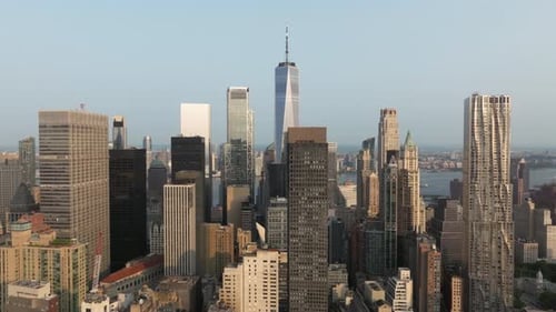 Aerial view of downtown skyline and skyscrapers, United States.