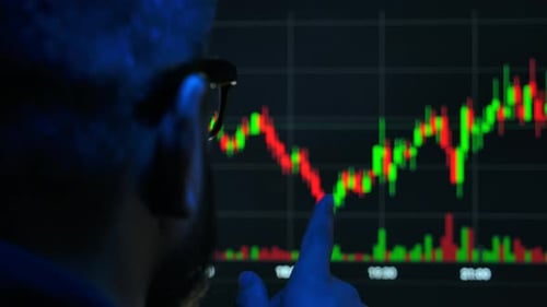 Business Person Monitoring Invest Analytics On Financial Stocks Background Close-Up View. Man Wor...