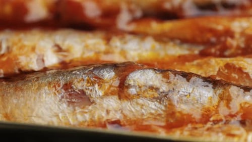 Opening Canned Sardine Fish Can Man Open the Canned Seafood on the Table Close Up on Professional