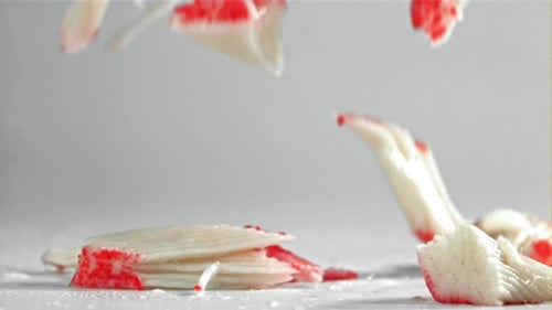 Crab Meat Falls on the Table Filmed on a Highspeed Camera at 1000 Fps