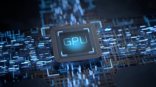 Rotación de la GPU en un circuito electrónico. Animación de la instalación de un procesador de Gráficos en un ele