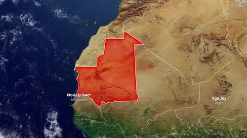 Mauritania Map Highlight and Label on Satellite Earth