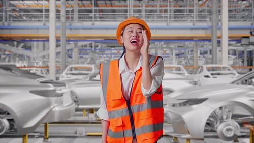 Une ingénieure asiatique crie avec la main sur la bouche dans une usine automobile
