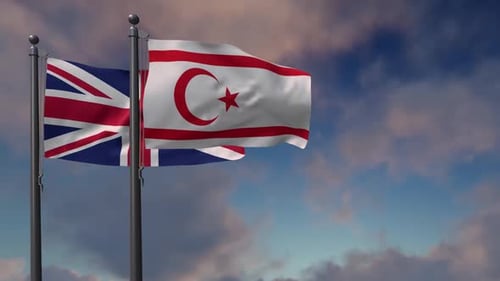 Waving United Kingdom and Northern Cyprus Flags Animation