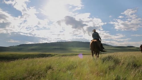 Female Ranchers Horseback Riding In Sunny Remote Rural Field