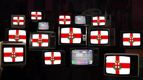 Old Televisions Showing Flags and Static