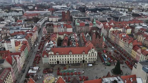 drone rotate around Wroclaw Medieval market square aerial cityscape of Poland City