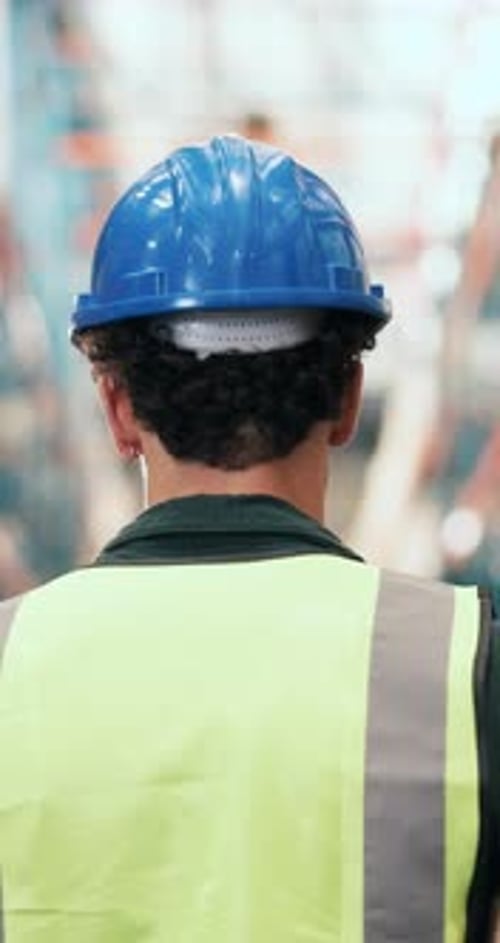 Construction, walking and back of person in warehouse for inventory, supply chain and distribution