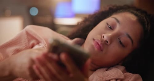 Woman, home and sad on smartphone in bedroom with text messages or social media post