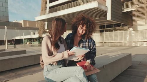 Garotas compartilham novidades e se divertem sentadas ao lado da universidade