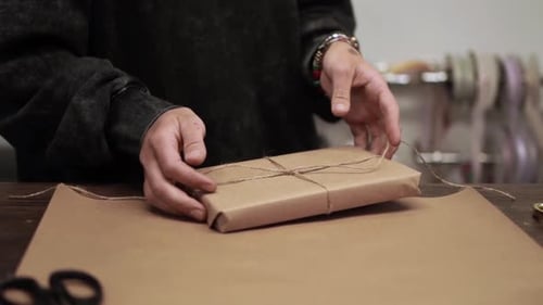 Person Wrapping a Gift with Brown Paper and Twine
