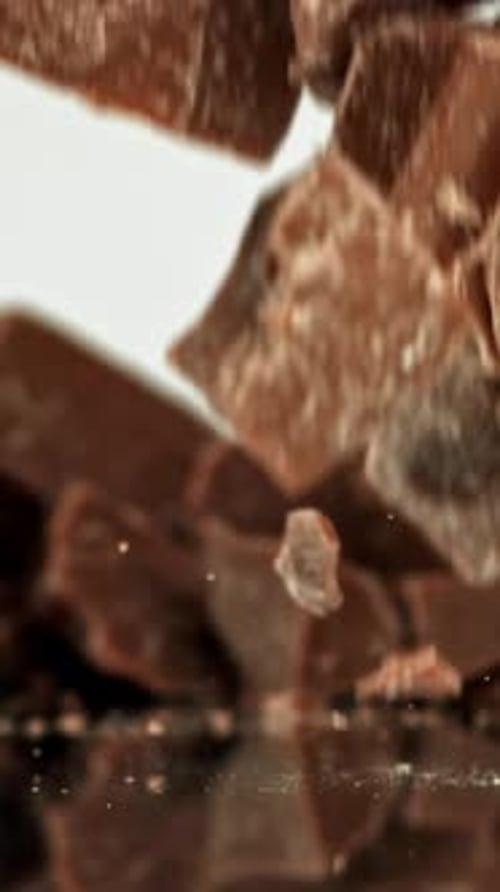 Super Slow Motion Pieces of Dark Milk Chocolate Filmed on a Highspeed Camera at 1000 Fps