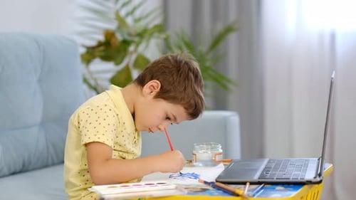 Young Boy Painting and Learning Indoors at Home