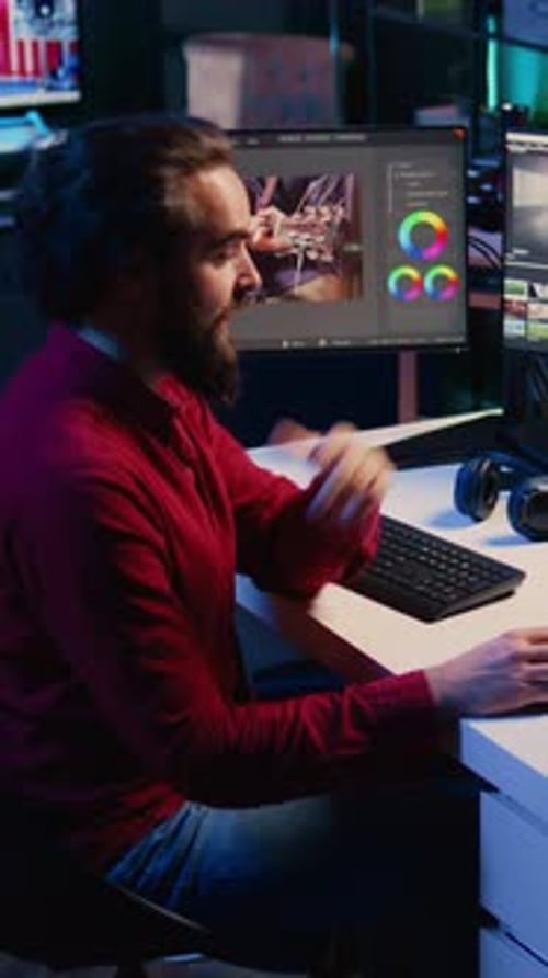 Man Working on Computer in Office at Night
