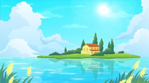 Cartoon Beautiful River Landscape Looped + 4K