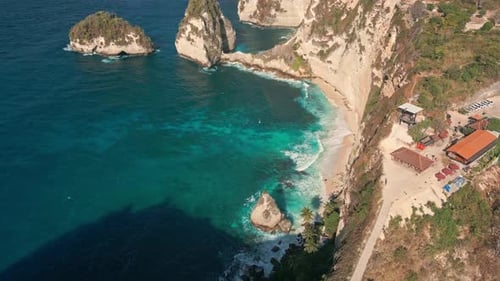 Sheer Cliffs Of Diamond Beach On Nusa Penida Island In Bali, Indonesia. Aerial Drone Shot
