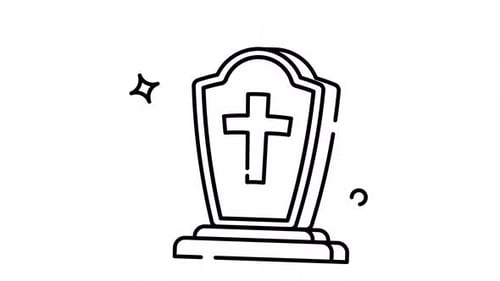 Animierte symbolische Grabsteinkunst mit lebendigen Details und einem Kreuz, perfekt für religiöse Zwecke oder Gedenkfeiern