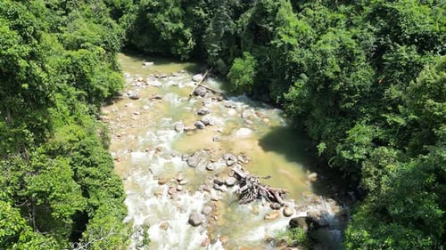 Aerial adventure near a beautiful cascading river.