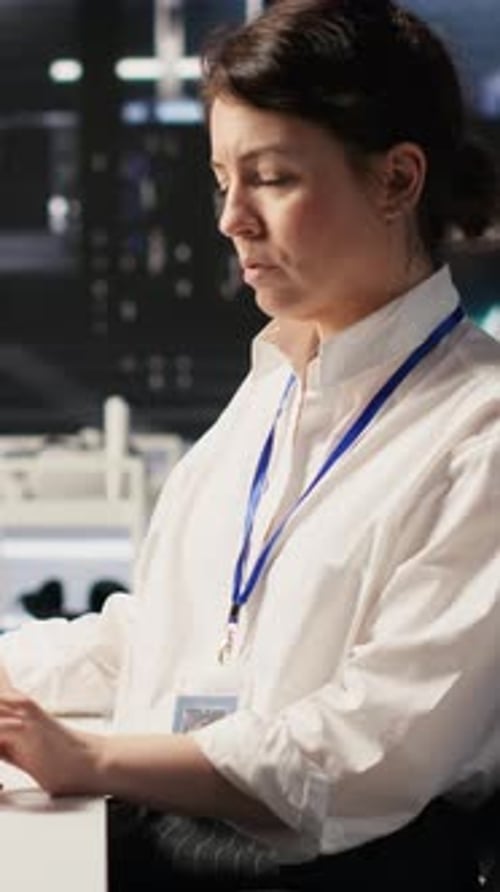 Vertical Video Data Center Technician Monitoring Server Rigs Performing AI Training