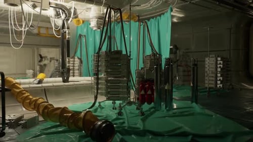 Inside a Futuristic Laboratory with High Tech Equipment and Green Curtains