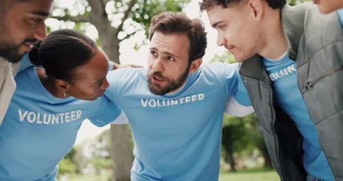 Volunteer, people or huddle in park with discussion for eco project, outreach or nonprofit service