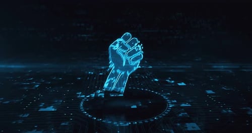 Digital Fist Hologram Reveal on Futuristic Circuit Board Background