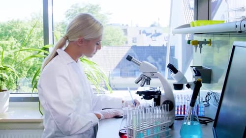 Woman Working with Microscope in Bright Laboratory