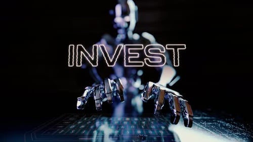 Investieren Sie animierten Text mit Ai Robot Businessman, der auf einer futuristischen Tastatur v2 tippt