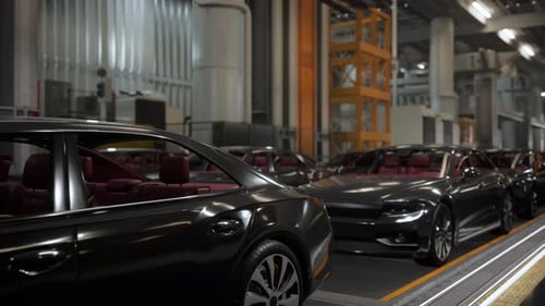 Intérieur d'une usine automobile. Carrosserie de couleur noire sur une chaîne de montage de voitures