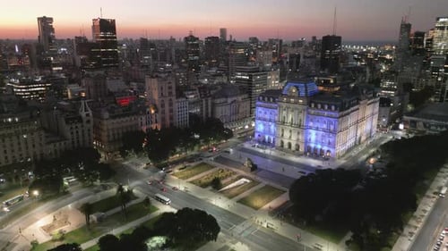 Aerial Drone Above Kirchner Cultural Centre at Night in Buenos Aires Argentina Auditorium for Theatr