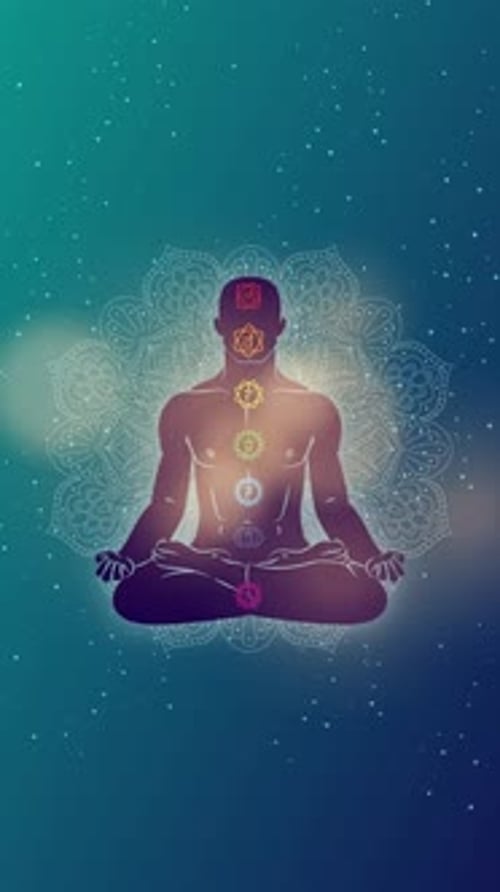 Mann meditiert und praktiziert Yoga - Chakra-Farben Vertikal