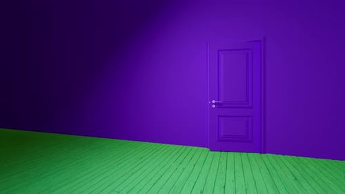Porta roxa que se abre em um quarto escuro com piso verde