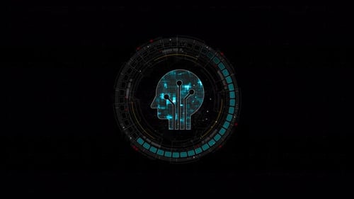 Blue digital robot head logo and circle futuristic HUD elements with Ai chatbot