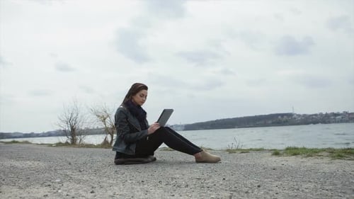 Woman Use Touch Pad Tablet Pc Internet Technology Sitting Beach
