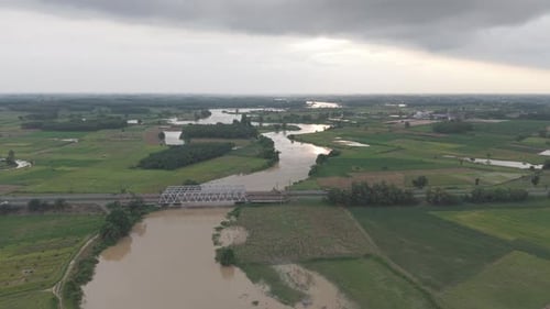 Aerial View Of River Landscape With Rainbow